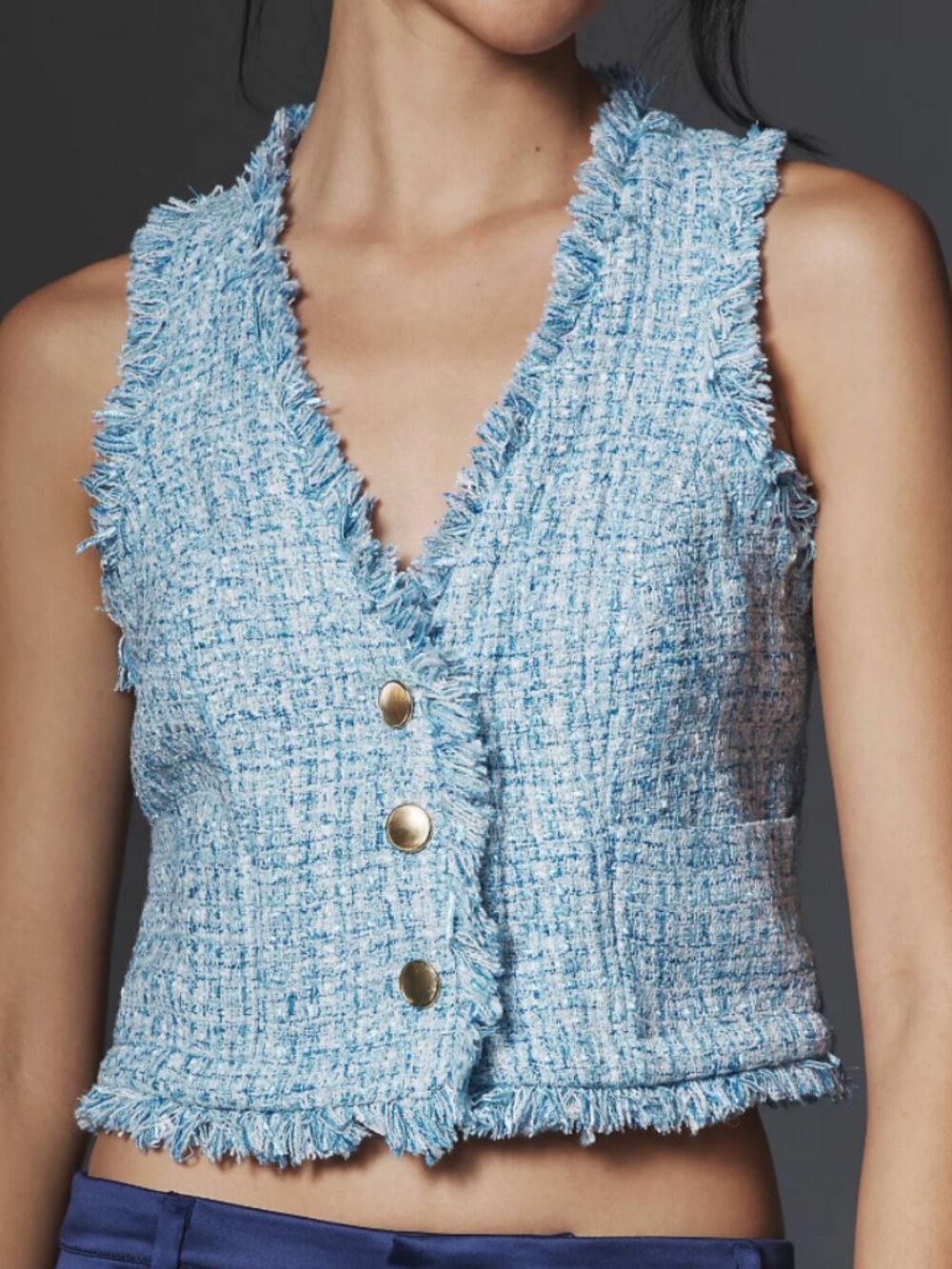 Anthropologie Maeve Tweed Shell Vest XXS Blue Fringe Button Front NWOT